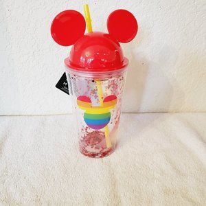 New Disney Mickey Mouse Travel Rainbow Confetti Travel Cup Mug & Straw LGBTQ+